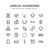 Jewelry flat line icons, jewellery store signs. Jewels accessories - gold engagement rings, gem earrings, silver chain, engraving necklaces, brilliants. Thin signs fashion store. Pixel perfect 64x64