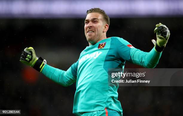 Adrian of West Ham United celebrates his sides first goal during the Premier League match between Tottenham Hotspur and West Ham United at Wembley...