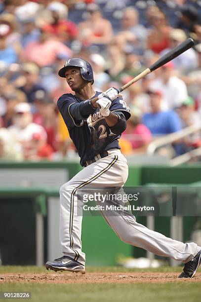 Alcides Escobar of the Milwaukee Brewers takes a swing during a baseball game against the Washington Nationals on August 23, 2009 at Nationals Park...