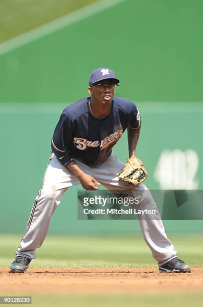 Alcides Escobar of the Milwaukee Brewers prepares for a ground ball during a baseball game against the Washington Nationals on August 23, 2009 at...