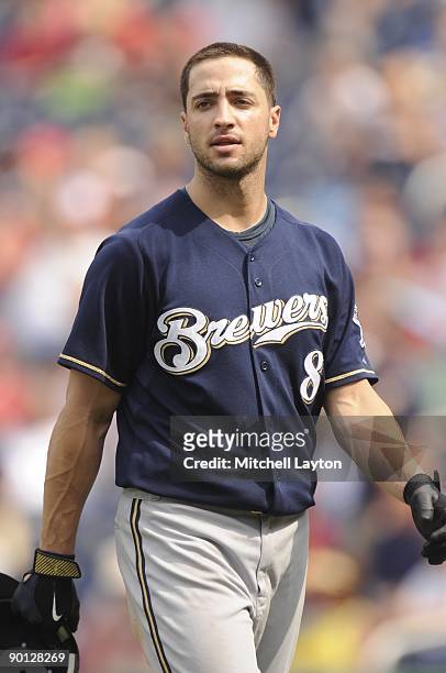 Ryan Braun of the Milwaukee Brewers looks on during a baseball game against the Washington Nationals on August 23, 2009 at Nationals Park in...