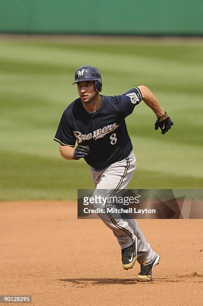 Ryan Braun of the Milwaukee Brewers runs to third base during a baseball game against the Washington Nationals on August 23, 2009 at Nationals Park...