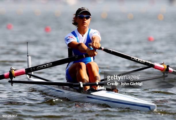 Laura Milani of Italy competes in the semi final of the Women's Lightweight Single Sculls on day six of the World Rowing Championships on August 28,...