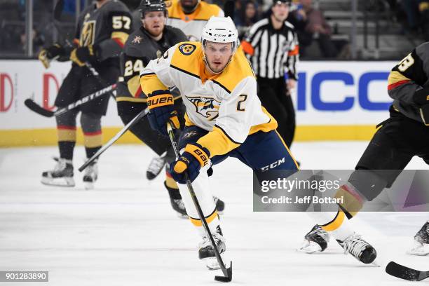 Anthony Bitetto of the Nashville Predators skates with the puck against the Vegas Golden Knights during the game at T-Mobile Arena on January 2, 2018...