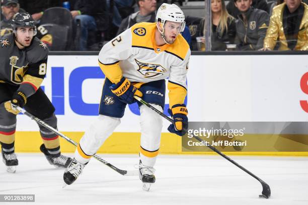 Anthony Bitetto of the Nashville Predators skates with the puck against the Vegas Golden Knights during the game at T-Mobile Arena on January 2, 2018...
