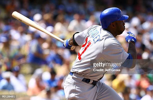 Milton Bradley of the Chicago Cubs bats against the Los Angeles Dodgers at Dodger Stadium on August 22, 2009 in Los Angeles, California. The Dodgers...