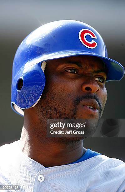 Milton Bradley of the Chicago Cubs looks on against the Los Angeles Dodgers at Dodger Stadium on August 22, 2009 in Los Angeles, California. The...