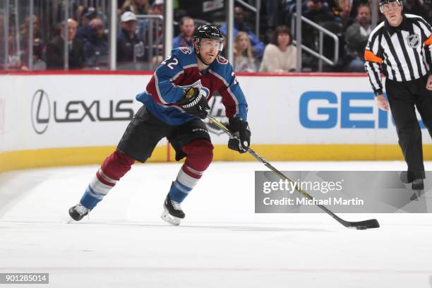 Colin Wilson of the Colorado Avalanche skates against the Winnipeg Jets at the Pepsi Center on January 2, 2018 in Denver, Colorado.