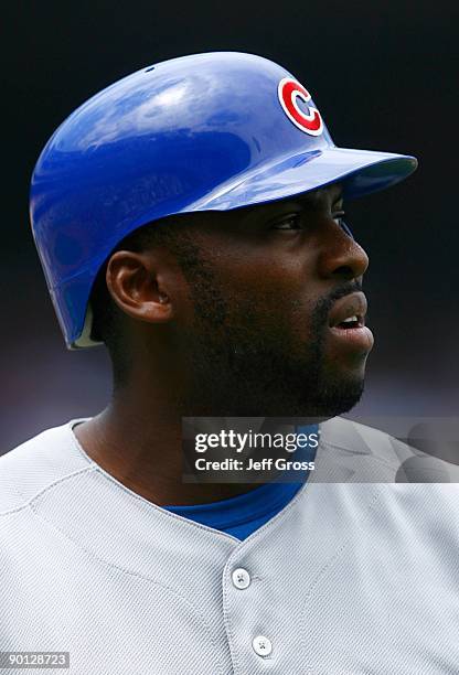 Milton Bradley of the Chicago Cubs looks on against the Los Angeles Dodgers at Dodger Stadium on August 22, 2009 in Los Angeles, California. The...