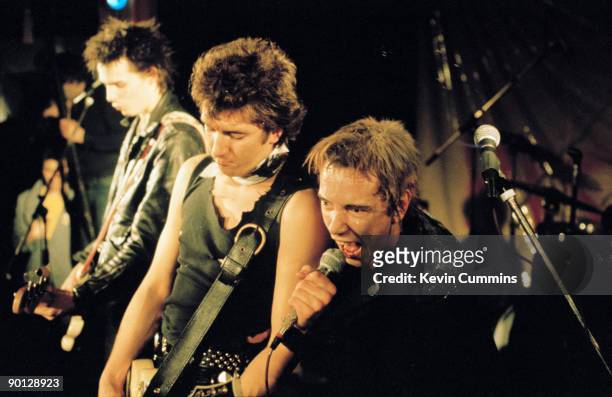 English punk band the Sex Pistols at Ivanhoe's, Huddersfield, on Christmas day 1977. Left to right: bassist Sid Vicious , guitarist Steve Jones and...