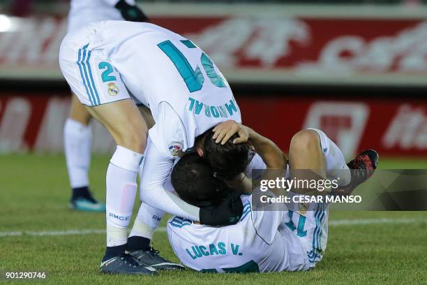 Real Madrid's Spanish forward Borja Mayoral and Real Madrid's Spanish midfielder Lucas Vazquez celebrate a penalty during the Spanish Copa del Rey...