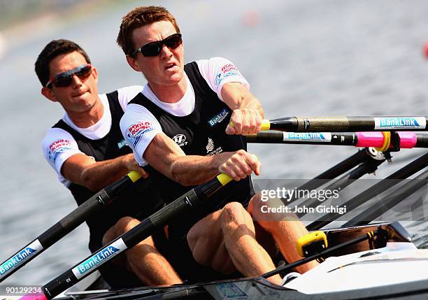 Storm Uru and Peter Taylor of New Zealand compete in the semi final of the Lightweight Men's Double Sculls on day six of the World Rowing...