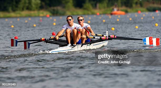 Frederic Dufour and Jeremie Azou of France compete in the semi final of the Lightweight Men's Double Sculls on day six of the World Rowing...