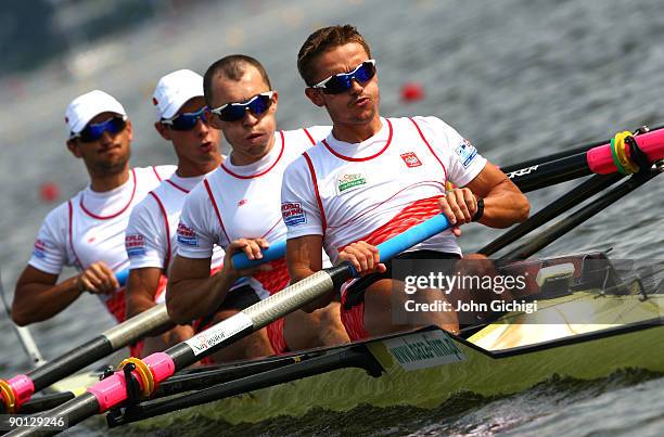 Lukasz Pawlowski, Lukasz Siemion, Milosz Bernatajtys and Pawel Randa of Poland compete in the semi final of the Lightweight Men's Four on day six of...