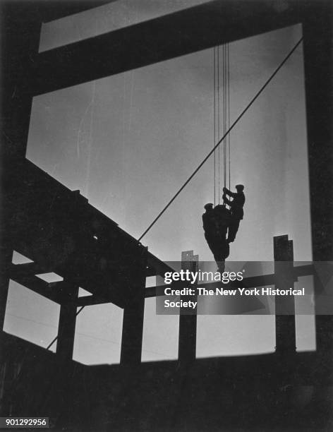 Radio City Music Hall construction, silhouettes of steel workers, New York, New York, 1929.