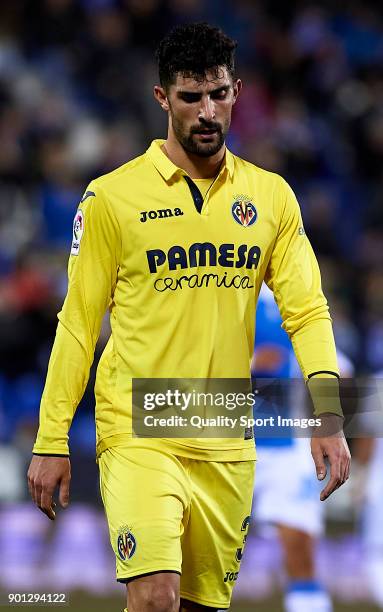 Alvaro Gonzalez of Villarreal reacts during the Copa del Rey, Round of 16, first Leg match between UD Leganes and Villarreal CF at Estadio Municipal...