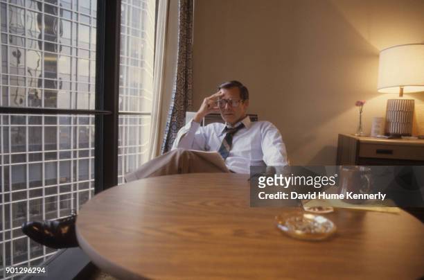 Former Secretary of Defense Donald Rumsfeld, a potential running mate for Presidential Candidate Ronald Reagan, sits in President Gerald Ford's suite...