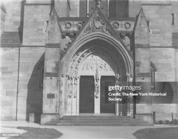 Entrance of Synod House, at 110th Street and Amsterdam, on the close of the Cathedral of St John the Divine, New York, New York, 1929.