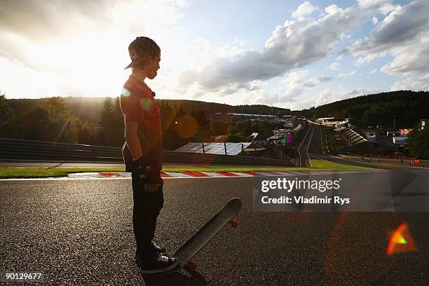 Teenage European Skateboard Champion Axel Cruysberghs skateboards down Eau Rouge following practice for the Belgian Grand Prix at the Circuit of Spa...