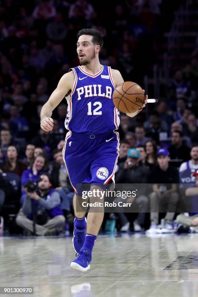 McConnell of the Philadelphia 76ers dribbles the ball against the San Antonio Spurs at Wells Fargo Center on January 3, 2018 in Philadelphia,...