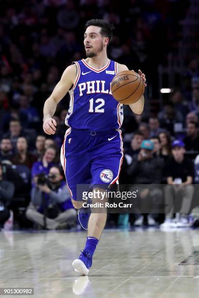 McConnell of the Philadelphia 76ers dribbles the ball against the San Antonio Spurs at Wells Fargo Center on January 3, 2018 in Philadelphia,...