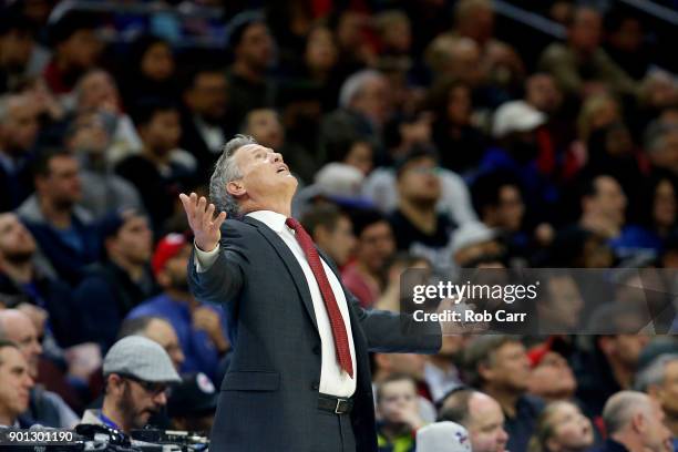 Head coach Brett Brown of the Philadelphia 76ers reacts to an officials call against the San Antonio Spurs in the second half at Wells Fargo Center...