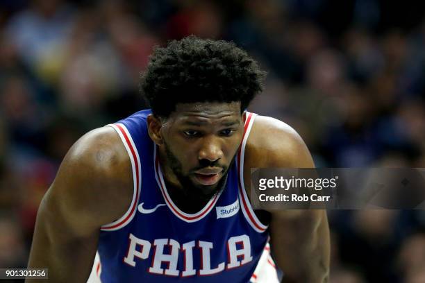 Joel Embiid of the Philadelphia 76ers looks on San Antonio Spurs at Wells Fargo Center on January 3, 2018 in Philadelphia, Pennsylvania. NOTE TO...