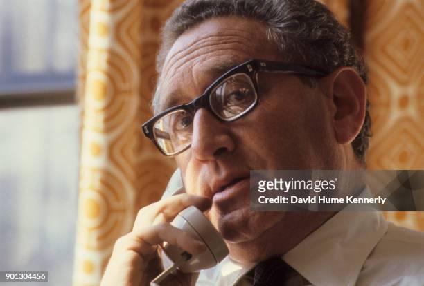Former Sec. Of State Henry Kissinger in Ford's hotel suite during the GOP convention, Detroit, Michigan, July 1980.