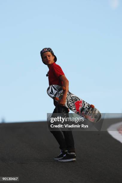 Teenage European Skateboard Champion Axel Cruysberghs skateboards down Eau Rouge following practice for the Belgian Grand Prix at the Circuit of Spa...