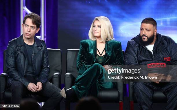 Panelists Charlie Walk, Meghan Trainor and DJ Khaled of the television show The Four speak onstage during the FOX portion of the 2018 Winter...