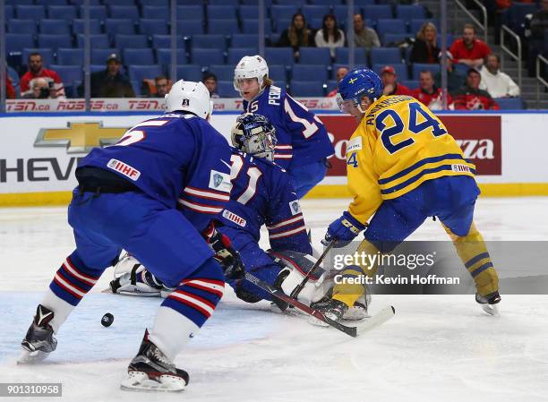 Lias Andersson of Sweden scores on Joseph Woll of United States in the third period during the IIHF World Junior Championship at KeyBank Center on...