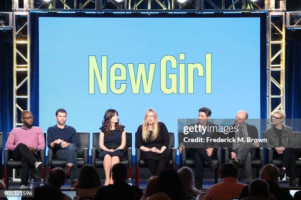 Actors Lamorne Morris, Max Greenfield, Zooey Deschanel, creator/writer/executive director Elizabeth Meriwether, executive producer/writer Brett Baer,...