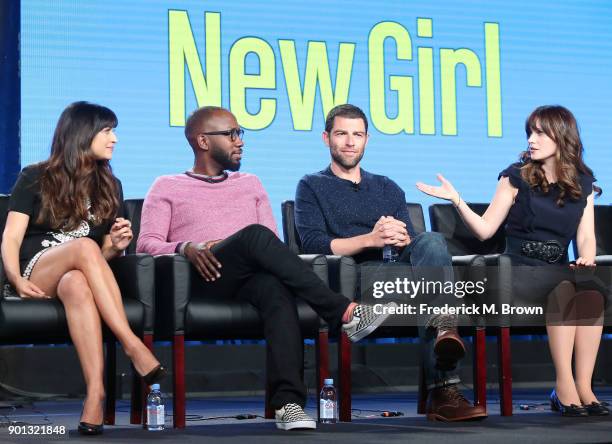 Actors Hannah Simone, Lamorne Morris, Max Greenfield and Zooey Deschanel of the television show New Girl speaks onstage during the FOX portion of the...