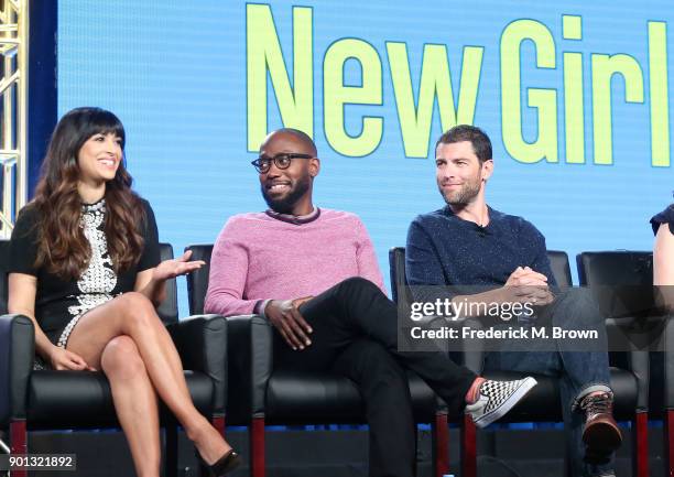 Actors Hannah Simone, Lamorne Morris and Max Greenfield of the television show New Girl speaks onstage during the FOX portion of the 2018 Winter...