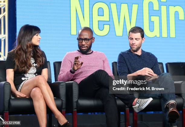 Actors Hannah Simone, Lamorne Morris and Max Greenfield of the television show New Girl speaks onstage during the FOX portion of the 2018 Winter...