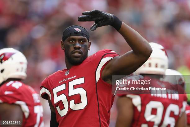 Outside linebacker Chandler Jones of the Arizona Cardinals during the first half of the NFL game against the New York Giants at the University of...