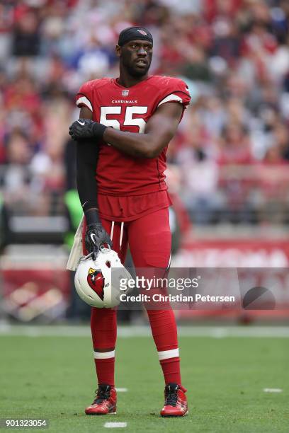 Outside linebacker Chandler Jones of the Arizona Cardinals during the first half of the NFL game against the New York Giants at the University of...