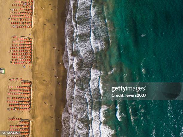 aerial view of maspalomas beach, playa del ingles, maspalomas, spain. - octocopter stock pictures, royalty-free photos & images