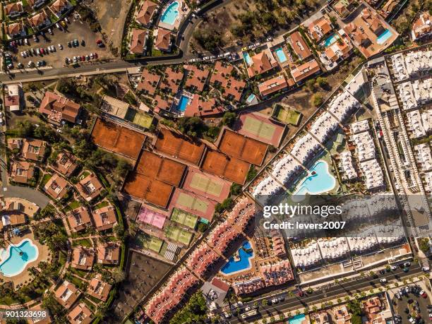 aerial view of playa del ingles, maspalomas, gran canaria, spain. - octocopter stock pictures, royalty-free photos & images