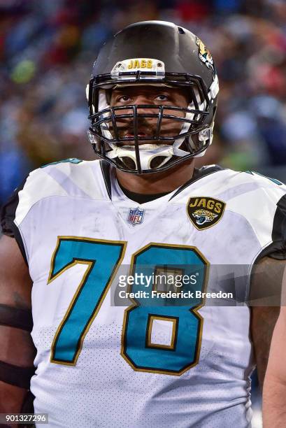 Jermey Parnell of the Jacksonville Jaguars watches from the sideline during a game against the Tennessee Titans at Nissan Stadium on December 31,...