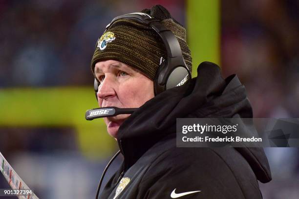 Head coach Doug Marrone of the Jacksonville Jaguars coaches against the Tennessee Titans at Nissan Stadium on December 31, 2017 in Nashville,...