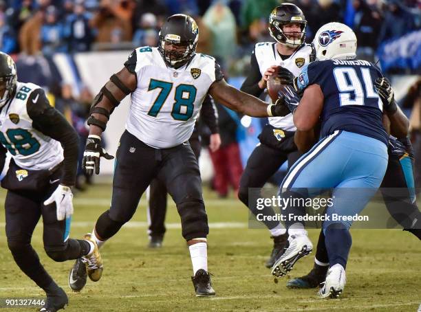 Jermey Parnell of the Jacksonville Jaguars plays against the Tennessee Titans at Nissan Stadium on December 31, 2017 in Nashville, Tennessee.