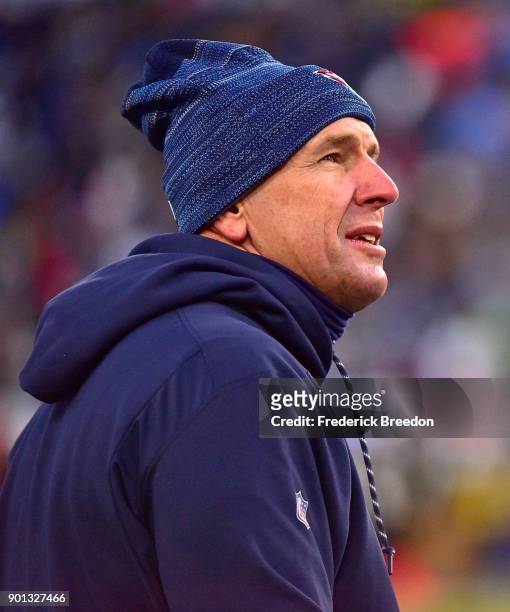Head coach Mike Mularkey of the Tennessee Titans coaches against the Jacksonville Jaguars at Nissan Stadium on December 31, 2017 in Nashville,...