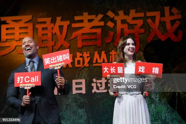 American actor Dwayne Johnson and Scottish actress Karen Gillan attend the press conference and premiere of film 'Jumanji: Welcome to the Jungle' on...