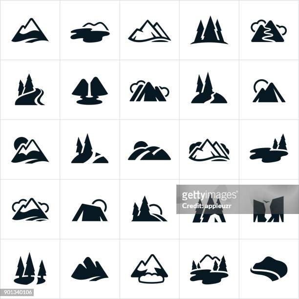 illustrazioni stock, clip art, cartoni animati e icone di tendenza di icone di catene montuose, colline e vie d'acqua - sun icon
