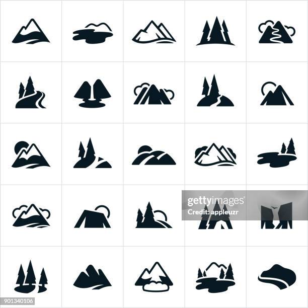 mountain ranges, hills and water ways icons - mountain range icon stock illustrations
