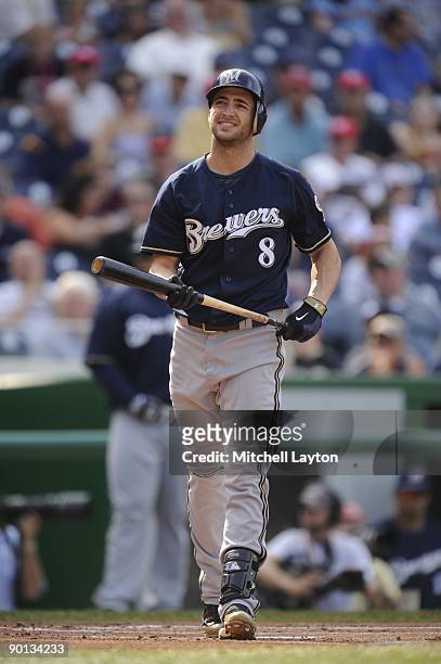 Ryan Braun of the Milwaukee Brewers looks on during a baseball game against the Washington Nationals on August 24, 2009 at Nationals Park in...