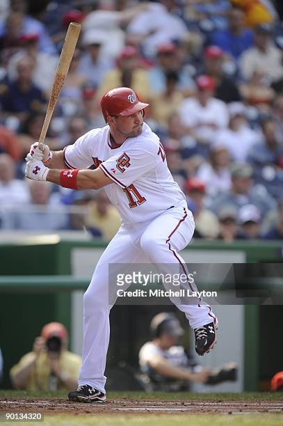 Ryan ZImmerman of the Washington Nationals prepares to take a swing during a baseball game against the Milwaukee Brewers on August 24, 2009 at...