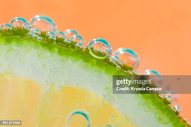 detail of a slice of lemon with soda water in glass - carbonation stockfoto's en -beelden