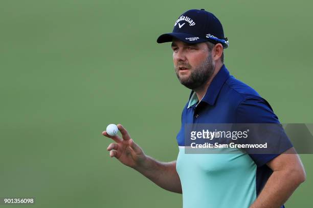 Marc Leishman of Australia reacts on the 15th green during the first round of the Sentry Tournament of Champions at Plantation Course at Kapalua Golf...